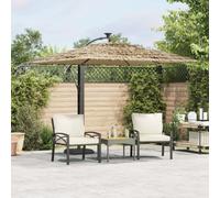 Garden Parasol Brown 246x246x230cm Polyester Steel Pole Straw LED Crank 8-layer