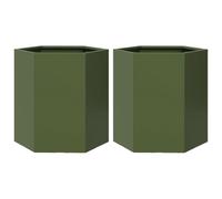 vidaXL Garden Planter Flower Pot - 2 pcs, Olive Green, Steel, Hexagon, 46x40x45 cm - Raised Design, Open Bottom, Weather-