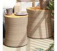Garden Side Table Polyrattan Furniture 2 pcs with Wooden Top Coffee Tables