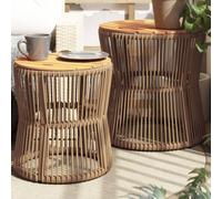 Garden Side Tables with Wooden Top Outdoor Table 2 pcs Poly Rattan vidaXL