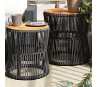 vidaXL Garden Side Tables with Wooden Top 2 pcs Dining Table Black Poly Rattan
