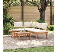 Garden Sofa Set 5-Seater Brown & Cream Poly Rattan Teak Frame Outdoor with Table