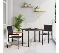 Garden Stacking Chairs 2pc Black Solid Acacia Wood & PE Rattan 54x56x90cm Dining