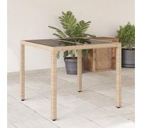 vidaXL Garden Table with Glass Top Outdoor Dining Table Beige Poly Rattan