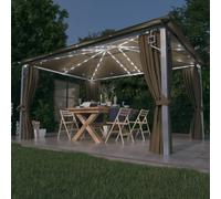 vidaXL Gazebo with Curtain&LED String Lights 4x3 m Taupe Aluminium