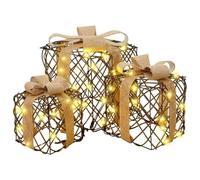 vidaXL Gift Box with 60 LEDs 3 pcs Warm white 20 x 20 x 20 cm Rattan, Modern Living Room, Christmas Decoration, Indoor Holiday Festivity, USB-Powered Tabletop Light, Festive LED Accent