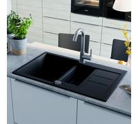 vidaXL Granite Kitchen Sink - Double Basin, Black Overmount with Basket Strainer, Reversible, Heat & Scratch Resistant