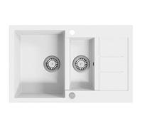 vidaXL Granite Kitchen Sink-Double Basin-Heat/Scratch Resistant-Reversible-White-Includes Basket Strainer-Easy Install-800x500x306mm