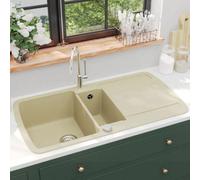 vidaXL Granite Kitchen Sink-Beige Double Basins with Basket Strainer, Overmount, Heat/Scratch/Impact Resistant, Easy Assemble, 960x500mm