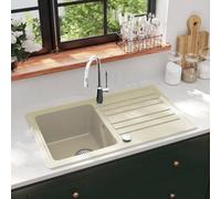 vidaXL Single Basin Granite Kitchen Sink - Deep & Reversible Installation, Scratch and Heat, Beige, Includes Basket Strainer