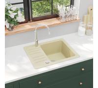 vidaXL Granite Kitchen Sink, Easy-to-Assemble, Single Basin, Extra-Deep, Reversible, Beige, Includes Basket Strainer, Heat, Scratch, Impact