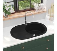 vidaXL Granite Kitchen Sink Single Basin, Scratch & Impact, Heat, Easy to Clean, Reversible Design with Basket Strainer, Black