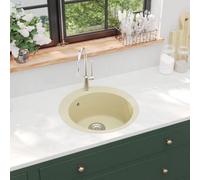 vidaXL Granite Kitchen Sink - Round, Single Basin, Overmount Design, Beige, Heat, with Basket Strainer, Easy to Clean and Assemble