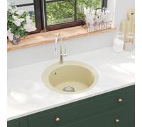 vidaXL Granite Kitchen Sink - Round, Single Basin, Overmount Design, Beige, Heat, with Basket Strainer, Easy to Clean and Assemble