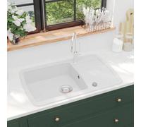 'vidaXL Granite Kitchen Sink - Single Basin, Extra-Deep, Reversible Fit, Scratch & Impact Resistance, Easy Cleaning with Basket Strainer - White