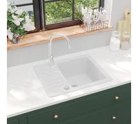 vidaXL Granite Kitchen Sink - Durable, Heat & Scratch, Single Basin, Fully Reversible, White Color, Extra-Deep, Easy-to-Assemble/Install
