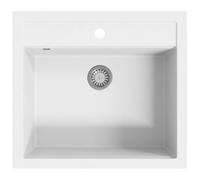 vidaXL Granite Kitchen Sink Single Basin-White, Overmount Design, Scratch & Impact Resistant, with Basket Strainer, 565x510x306mm