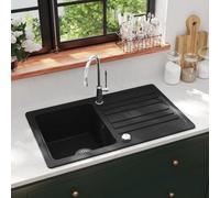 vidaXL Granite Kitchen Sink Single Basin with Drainer Reversible Black Fixture
