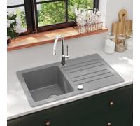 vidaXL Granite Kitchen Sink Single Basin with Reversible Drainer in Grey - Heat/Stain Resistant, Easy Install