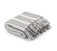 vidaXL Grey and White Striped Cotton Throw - 125x150 cm - Stylish Sofa Cover, Chair Cover, Bedspread with Tassel Embellishment
