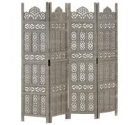 vidaXL Hand Carved 4-Panel Room Divider in Grey - 160x165 cm Solid Mango Wood - Classic Style Wooden Privacy Screen - Versatile and Easy to Assemble