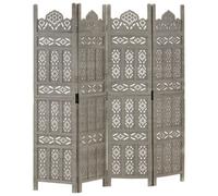 vidaXL Hand Carved 4-Panel Room Divider in Grey - 160x165 cm Solid Mango Wood - Classic Style Wooden Privacy Screen - Versatile and Easy to Assemble
