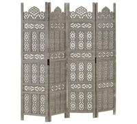 vidaXL Hand Carved 4-Panel Room Divider in Grey - 160x165 cm Solid Mango Wood - Classic Style Wooden Privacy Screen - Versatile and Easy to Assemble