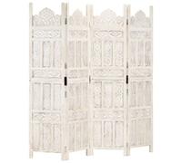 vidaXL White 4-Panel Room Divider - Solid Mango Wood - Hand Carved - Classic Design - 160cm Width - Ideal for Bedroom, Living Room and Dining Room