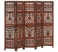 vidaXL Hand Carved Solid Mango Wood 5-Panel Room Divider - 200 x 165cm - Brown Wash Finish - Ideal for Home Decor, Room Partition, and Dressing Space