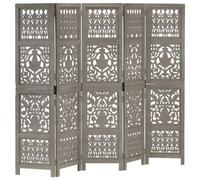 "vidaXL Solid Mango Wood Hand Carved 5-Panel Room Divider in Grey - Spacious 200x165cm Folding Screen Ideal for Living Room, Dining Room, and Bedroom Decor"