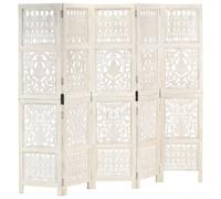 vidaXL Solid Mango Wood Hand carved 5-Panel Room Divider White 200cm Screen