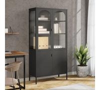 vidaXL Highboard Storage Cabinet Sideboard Side Cabinet Black Glass and Steel