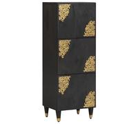 Highboard Black Solid Mango Wood 40x33x110cm Gold Print Brass Knobs 3 Door Slim
