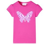 vidaXL Kids' Cap Sleeves T-Shirt with Sequinned Butterfly Design, Cotton and Elastane Material, Round Neckline, Size 116, Dark Pink Color