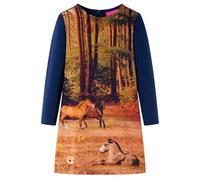 vidaXL Kids' Dress with Long Sleeves - Navy Horse Print, Size 116 - Soft Cotton & Elastane Blend, Machine Washable, Round Neckline, Back Zipper
