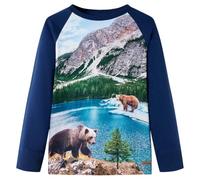 vidaXL Kids' Long Sleeve T-Shirt - 100% Cotton Tee with Bear and Scenery Print, Navy Colour, Size 128 for 7-8 Year Olds