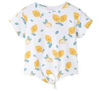 vidaXL Kids' T-Shirt 116 - Ecru Cotton Toddler Tee with Lemon Print & Tie Hem for Ages 5-6, Short Sleeves, Round Neck, Machine Washable