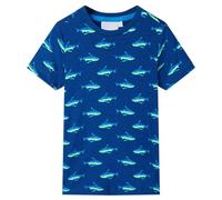 vidaXL Kids' T-Shirt - Dark Blue Cotton Tee with Shark Print for 9-10 Years - Size 140, Round Neck, Short Sleeves, Toddler Top