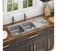 vidaXL Kitchen Sink Double Basin with Strainer & Trap Stainless Steel