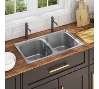 vidaXL Kitchen Sink Double Basin with Strainer & Trap Stainless Steel