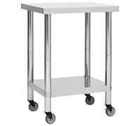 vidaXL Stainless Steel Kitchen Work Table with Moveable Wheels and Bottom Storage Board - Silver, 60x30x85 cm