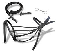vidaXL Black Cob Flash Bridle With Reins And Bit - Buffalo Leather - Delicate Design - Adjustable Fit