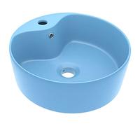 'vidaXL Light Blue Ceramic Luxury Wash Basin - Decorative Round Vessel Sink with Overflow and Faucet Hole for Bathrooms, Cloakrooms, Kitchens and Workplaces