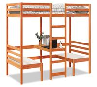 vidaXL Loft Bed Frame with Desk and Chairs Wax Brown 90x200cm Solid Wood Pine (3308555), Brown