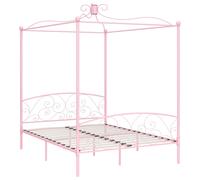 vidaXL Pink Metal Canopy Bed Frame 160x200cm - Sturdy Bedroom Furniture Double Bed with Slatted Base for Curtains/Mosquito Net