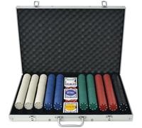 vidaXL Poker Set - 1000 Piece Multicoloured Chips, 6 Casino Dice, 3 Decks of Cards, Blind, Dealer Buttons - Durable Aluminium Case