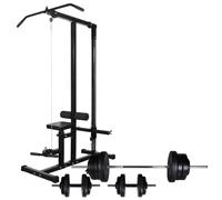 vidaXL Power Tower With Barbell And Dumbbell Set 60.5 Kg, Black