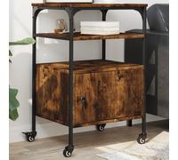 vidaXL Smoked Oak Engineered Wood Printer Stand - Versatile 3-Tier Office Organizer, Mobile Design with Lockable Wheels, 50x40x76 cm Steel Frame