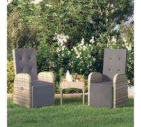 vidaXL 2x Reclining Garden Chairs with Cushions Grey Poly Rattan Recliner