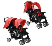 vidaXL Red and Black Steel Tandem Stroller - Dual-Seat, Sun-Protecting Canopies, Convenient Storage, Easily Manoeuvrable